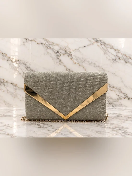 Elegant Metallic Gray Evening Clutch with Gold Accent - Unbranded