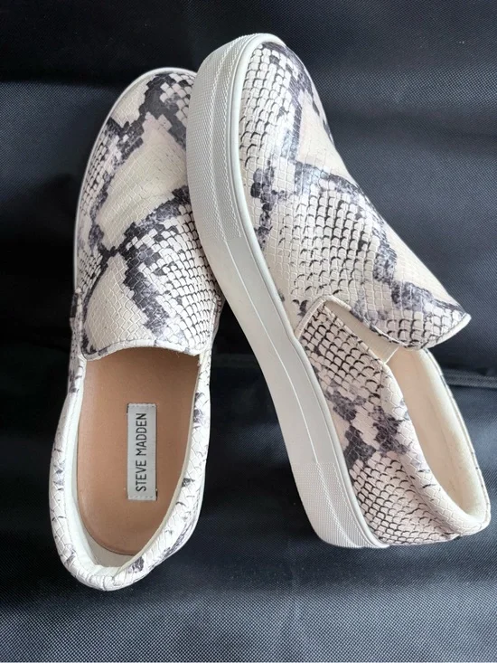 Steve Madden Cream and Black Snake-Print Slip-On Sneakers