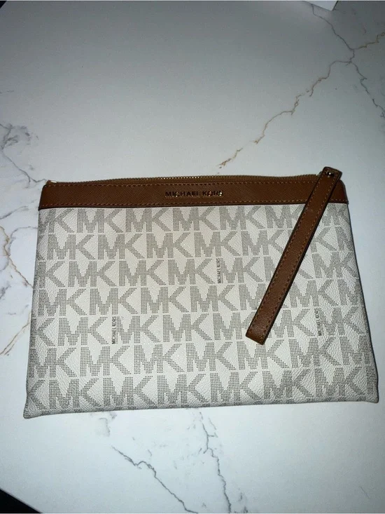 Michael Kors Beige MK Monogram clutch/wristlet with Brown Trim