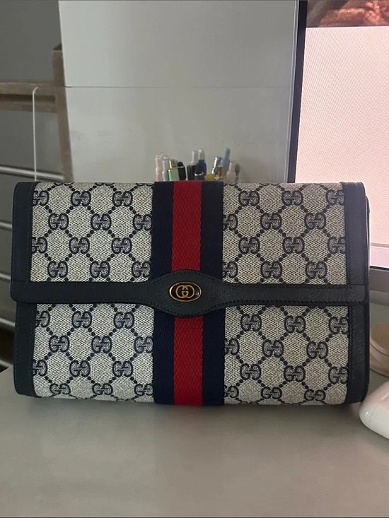 Gucci Navy w/ Red Stripe Monogram Clutch
