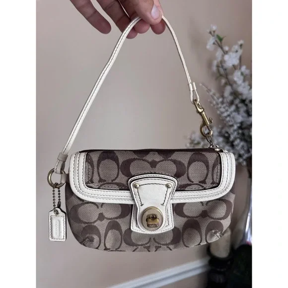 Coach Hamptons Signature Brown White Monogram Wristlet Mini Bag Turnlock