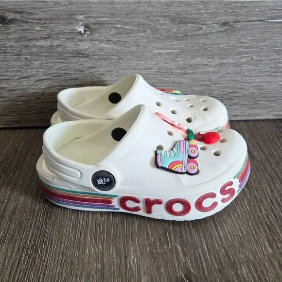 CROCS KIDS BAYABAND RAINBOW GLITTER CLOG WHITE Size 8