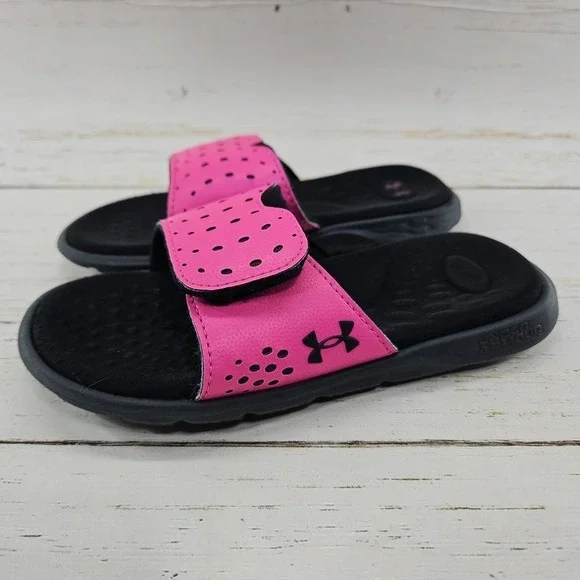 Under Armour Ignite Pro Slides Girls‎ 13K Black Pink Adjustable Strap 3026039