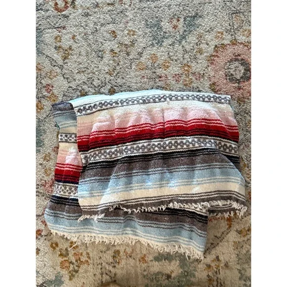 Mexican Falsa Blanket Woven Striped Yoga Beach Throw Blue Red White 42in Width