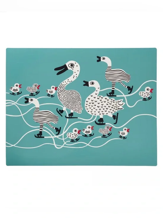 Aqua Duck Family Placemat with Whimsical Black & White Birds