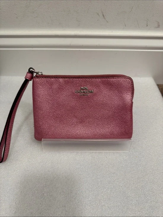 Coach Metallic pink corner zip Leather Wristlet wallet