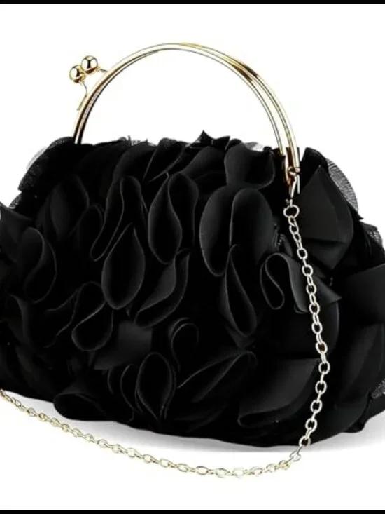 Satin Floral Evening Clutch with Chain Detachable Strap Wedding Party Purse