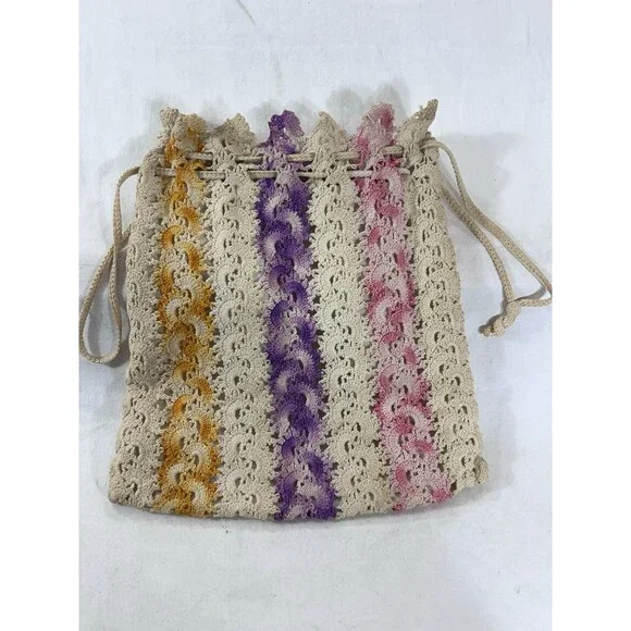 Vintage Ivory Crochet Drawstring Purse Bag Lined Yellow Pink Purple