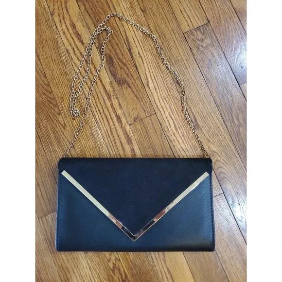 Aldo Black Envelope Clutch Crossbody Metal Chain Strap Evening Handbag Purse
