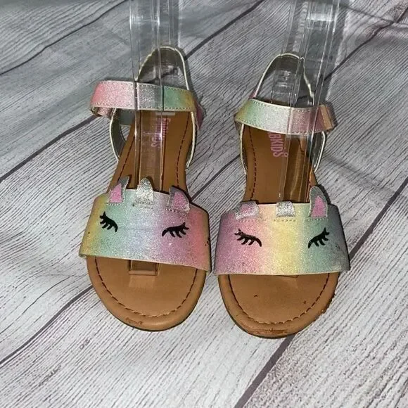 Fab kids girls 13 slip on glitter sandals w/ankle strap closure rainbow/tan