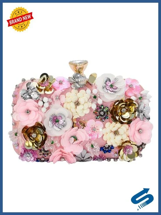 Satin Floral Beaded Clutch Evening Bag with Detachable Chain