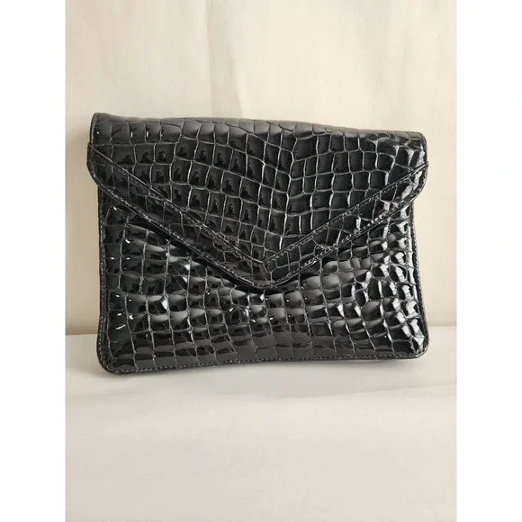 Stiletto Black Patent Croc Embossed Envelope Clutch Bag Purple Lining
