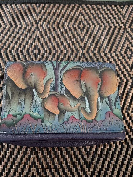 Anuschka Hand-Painted Leather Elephant Family Crossbody Wallet Clutch Purple