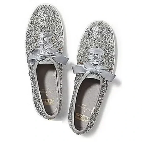 Kate Spade x Keds Champion Silver Glitter Ribbon Sneakers WF52390 Womens 8.5