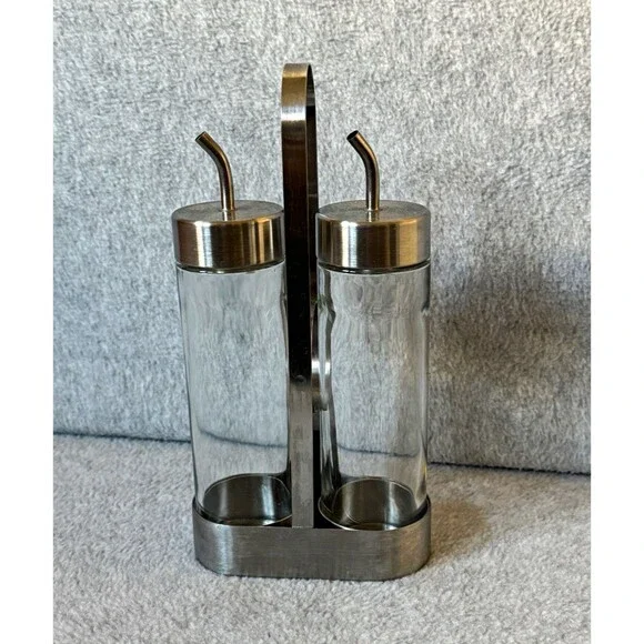 IKEA ORTFYLLD 21143 Glass Oil & Vinegar Set 8 oz w/ Stand Caddy Spouts Lids