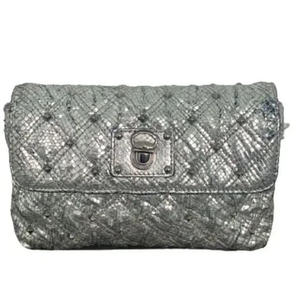 Marc Jacobs Quilted Leather Snakeskin Animal Print Embossed Studded Silver Bag