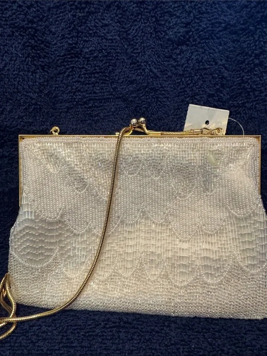 Ivory Beaded Evening Clutch with Gold Frame