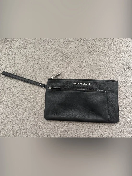 Michael Kors Black Leather Wristlet Pouch with Zip Detail