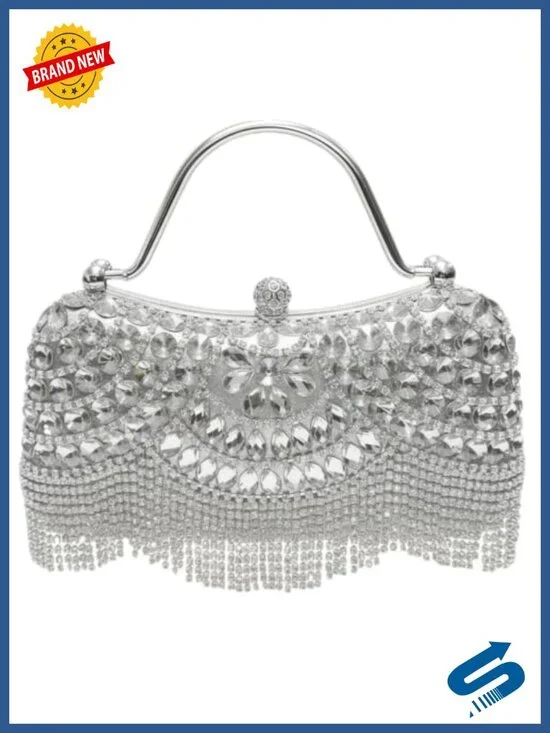 Rhinestone Fringe Clutch Evening Bag Sparkly Formal Purse with Chain Strap