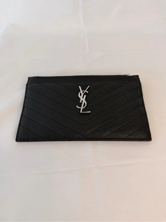 Yves Saint Laurent Black Quilted Chevron Leather Card Pouch with Silver YSL