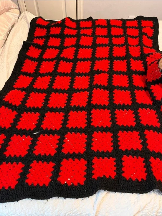 Handmade Granny Square Crochet Afghan Red Black Throw Blanket Vintage Roseanne