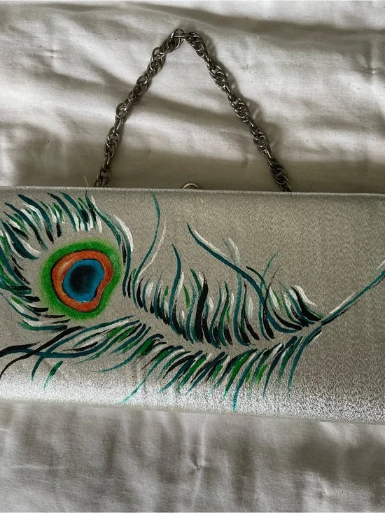 Hand-Painted Vintage Silver Peacock Feather Chain-Handle Clutch