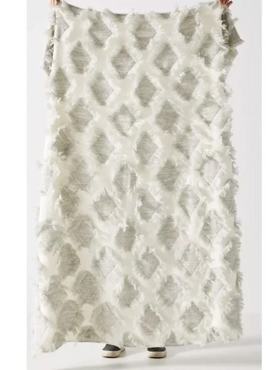 NWT ANTHROPOLOGIE TEXTURED AUGUSTA NEUTRAL FRINGED THROW BLANKET CONTEMPORARY