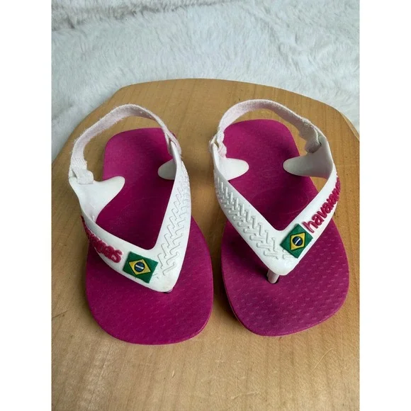 Havaianas Brazil Logo Baby Flip Flops Pink White Size 5C Elastic Backstrap