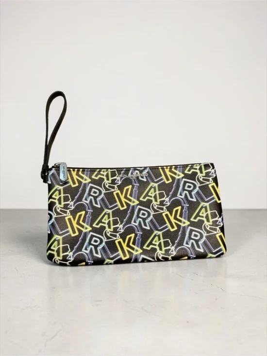 Karl Lagerfeld NWOT Black Leather Graphic Neon-Accent Wristlet