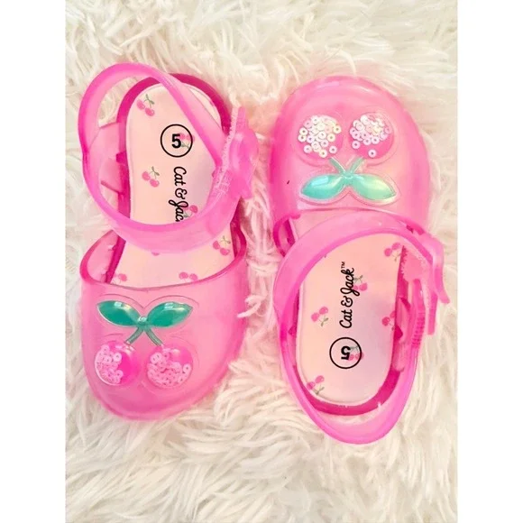 Cat & Jack Pink Jelly Sandals Size 5 Toddler Cherry Sequin Water Shoes