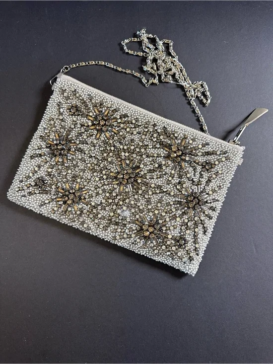 G-LISH Silver Rhinestone Beaded Evening Clutch Crossbody | Crystal Starburst