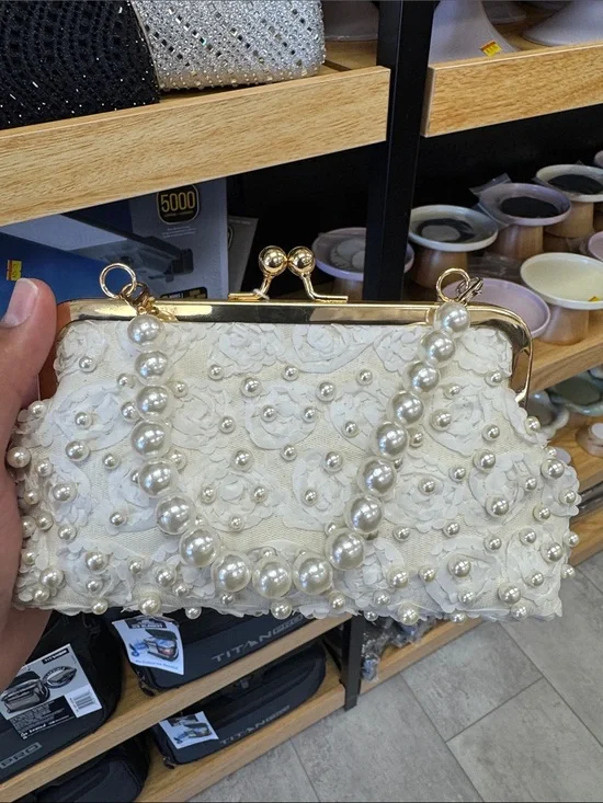 Elegant Pearl Embellished Cream Clutch Handbag