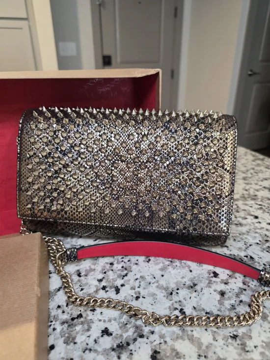 Gold Studded Snake-Texture Clutch with Pink Shoulder Pad