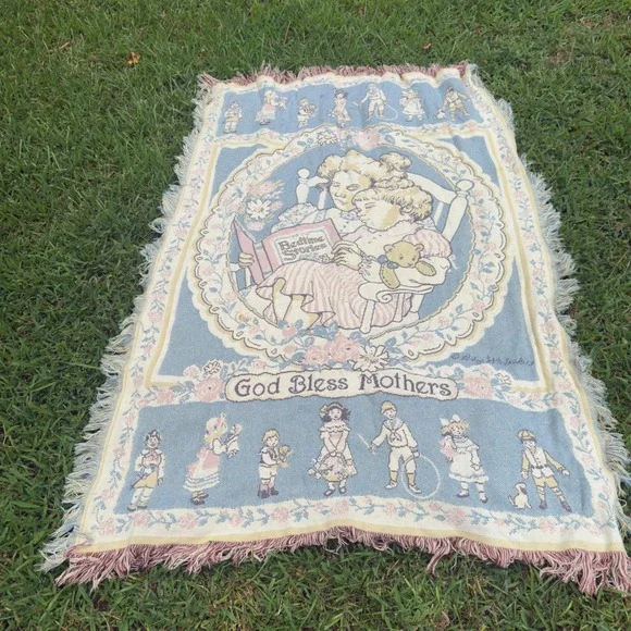 Vintage God Bless Mothers Woven Tapestry Throw Blanket Blue Pink Fringe 64x46