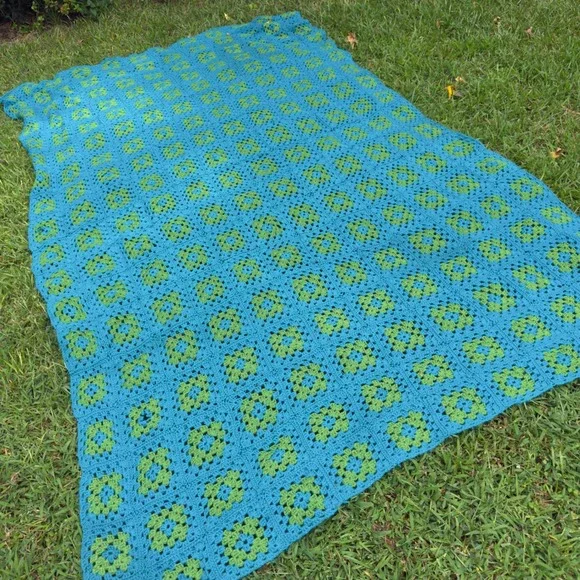 Vintage Handmade Crochet Granny Square Blanket Teal Blue Lime Green Throw 108x68