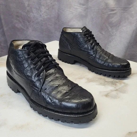 Max Leather USA Full Quill Genuine Ostrich Chukka Boots Black Men's Size 9