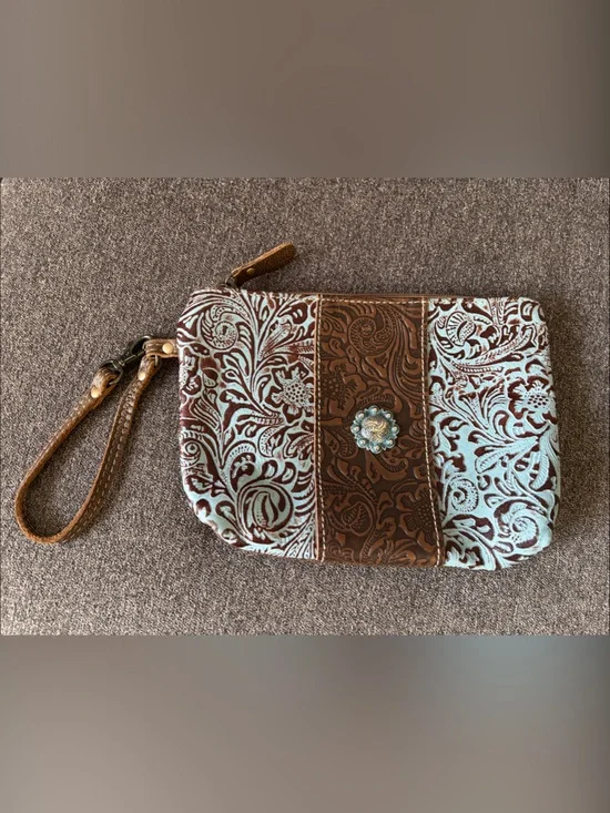 Myra Bag Brown and Light Blue Tooled Leather Wristlet with Turquoise Concho