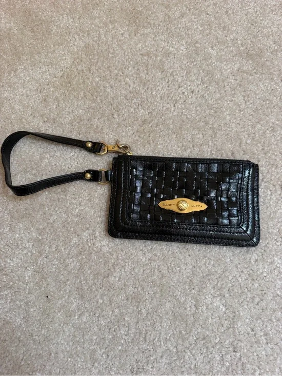 Elliott Lucca Black Woven Leather Wristlet with Gold Plate