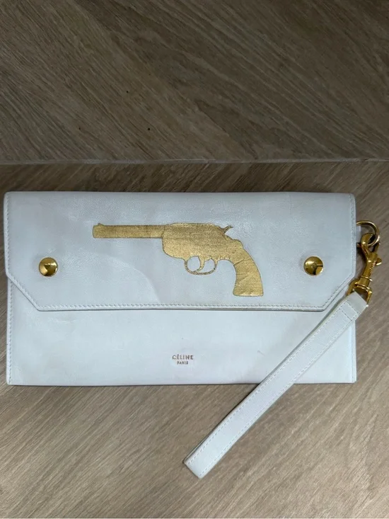 Celine White Leather Wristlet Clutch with Gold Gun