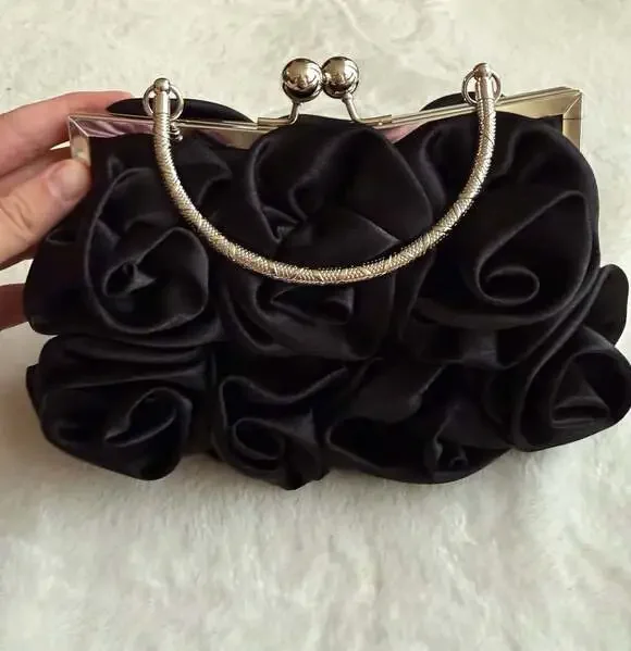 Black Satin Rose Evening Clutch Purse
