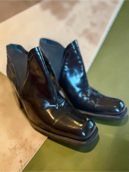 Via Spiga Patent Leather Ankle Boots 6.5B Black Square Toe Made in Italy