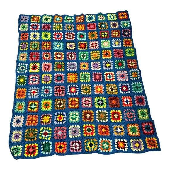Vintage Handmade Granny Square Afghan Blanket Throw Knit Cottage Approx 48x59‎