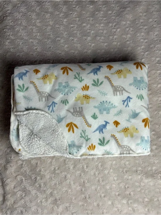 Kyle & Deena Dinosaur Baby Blanket Yellow White Blue Green Orange Sherpa Leaves