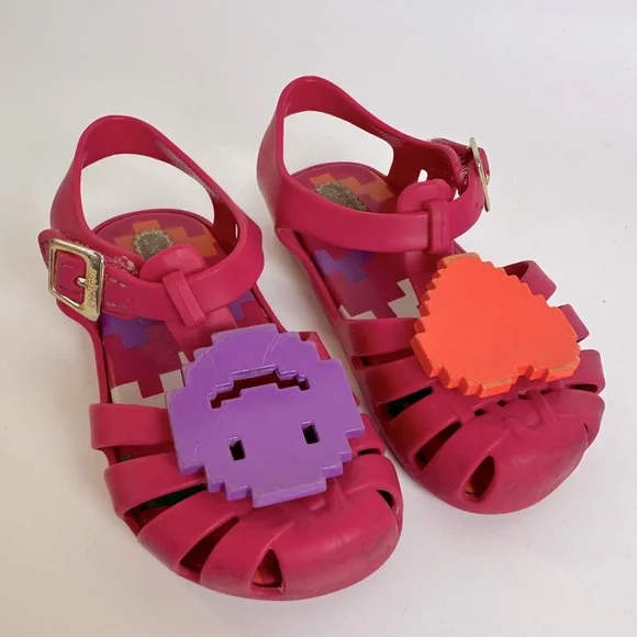 Mini Melissa 7 Toddler Emoji Sandals Pink with‎ Orange Heart Purple Smiley Face