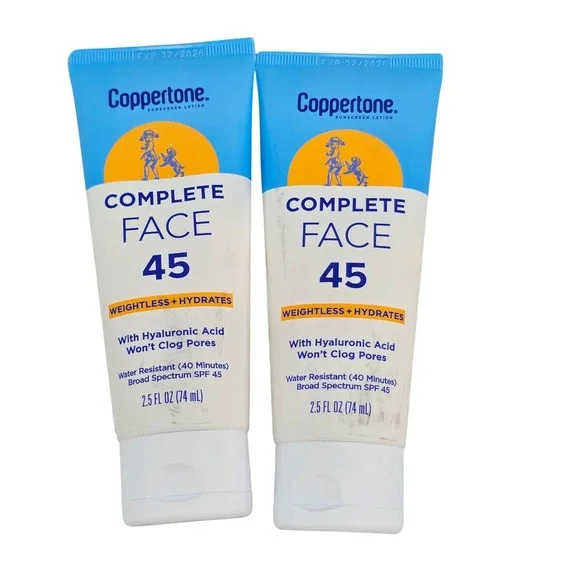 2 Pack Coppertone Complete Face Sunscreen Lotion SPF 45 Hyaluronic Acid 2.5oz