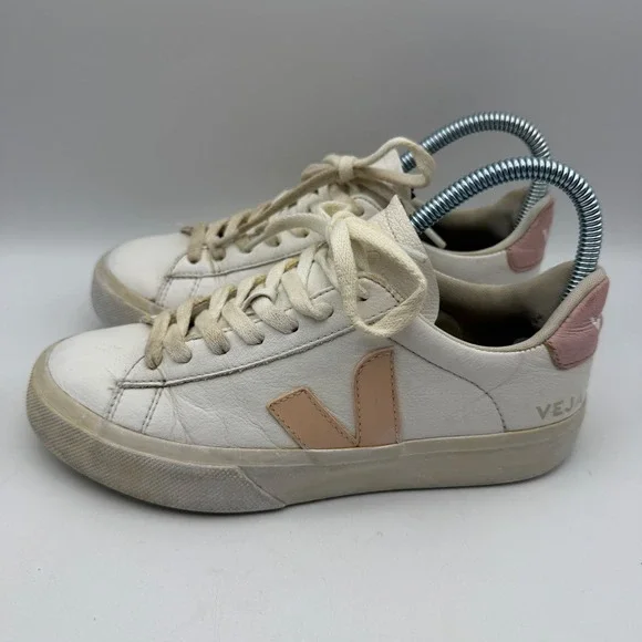 Veja Campo Sneakers‎ Womens 6 White Peach Pink Leather Low Top Lace Up Shoes
