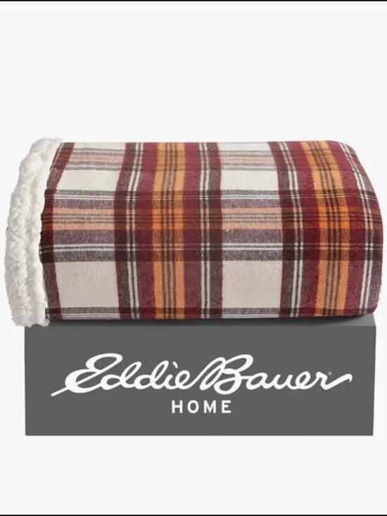 NWT Eddie Bauer Edgewood Plaid, Red, Sherpa Backed Throw, 50
