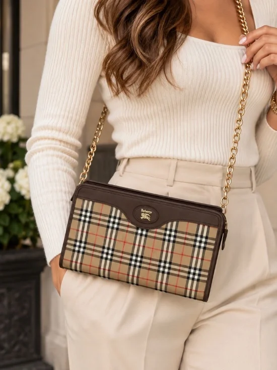 Burberrys Vintage Clutch with Crossbody Chain Authentic