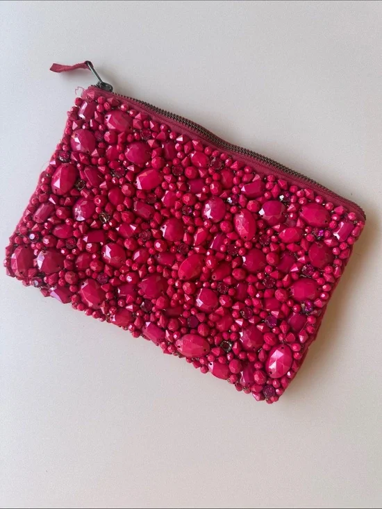 Embellished Hot Pink Beaded Zip Pouch