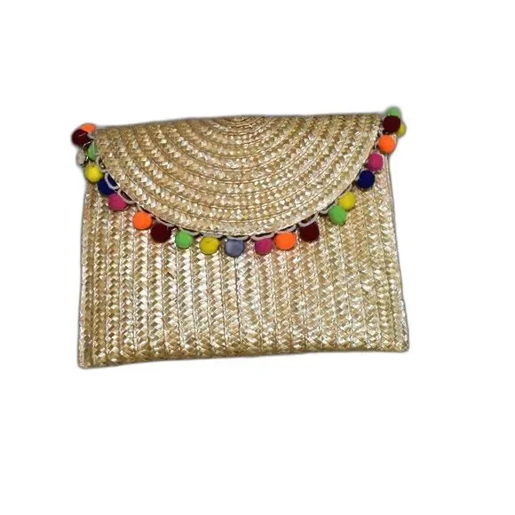 Straw Rainbow Pom Pom Wicker Clutch Purse Chain | Summer Vibes